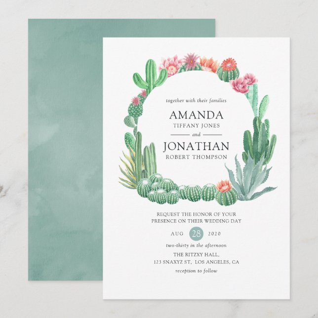 Convite Casamento de Suculentas em Aquarela (Frente/Verso)
