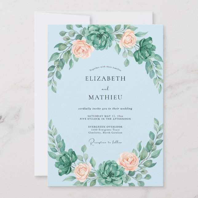 Convite Casamento de Suculentas Eucalipto Damasco Celeste (Frente)