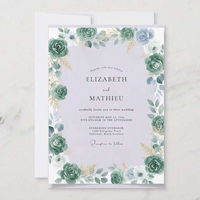 Convite Casamento de Suculentas Eucalipto Dourado Celeste (Frente)