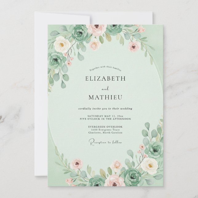 Convite Casamento de Suculentas Eucalipto e Rosa Bege (Frente)