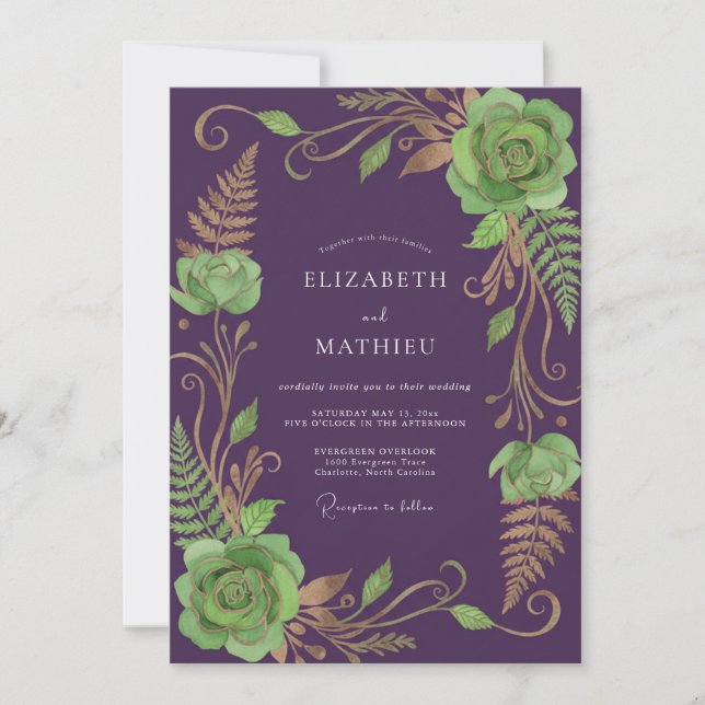 Convite Casamento de Suculentas Eucalipto Salvia Ameixa (Frente)