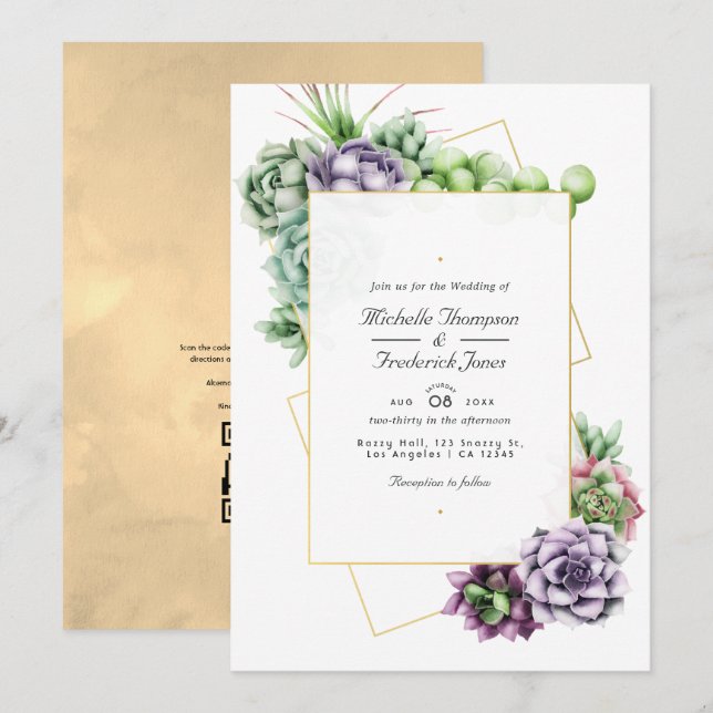 Convite Casamento de Suculentas Geométricas com RSVP por C (Frente/Verso)
