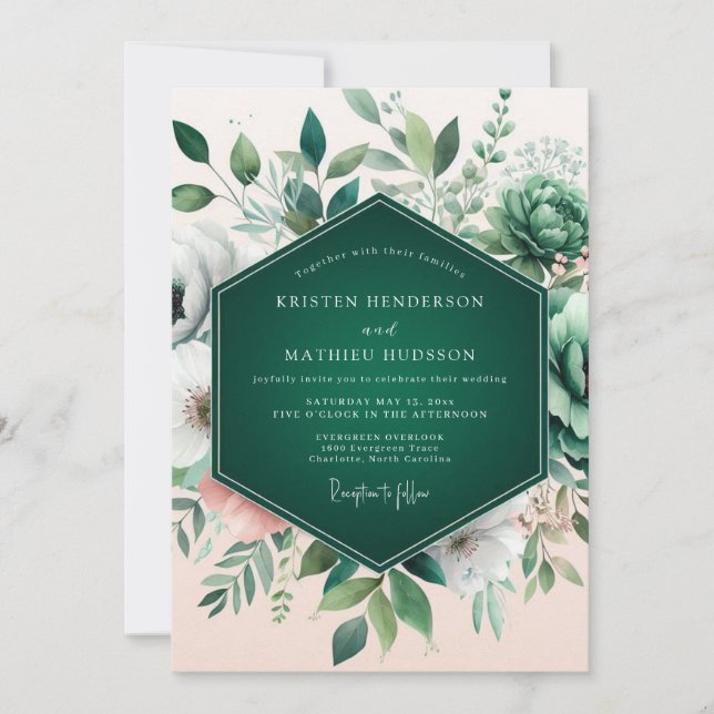 Convite Casamento de Suculentas Verde Esmeralda Florescent (Frente)