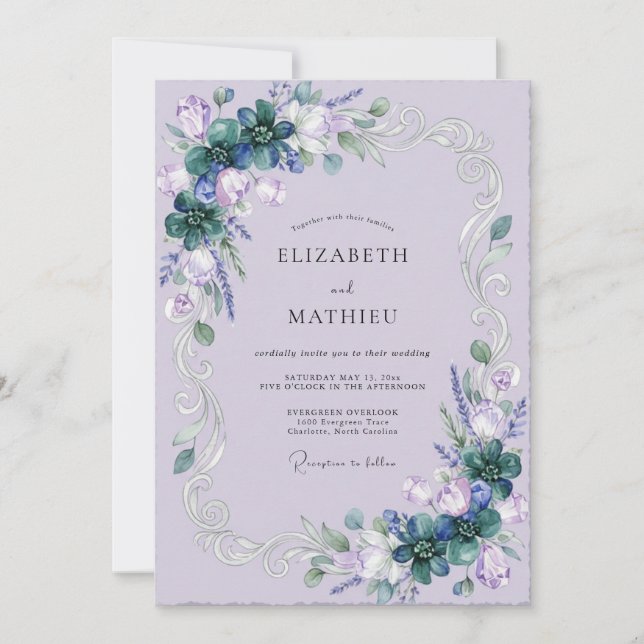 Convite Casamento de Suculentas Violeta Eucalipto Romântic (Frente)