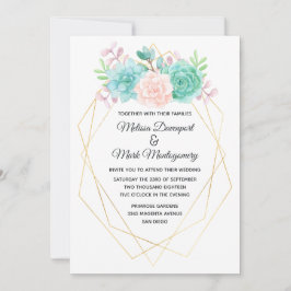 Convite Casamento de Suculentes de Cor de Água Rosa e Verd
