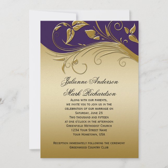 Convite Casamento de Sujoulas Douradas Roxas Reais Ornamen (Frente)