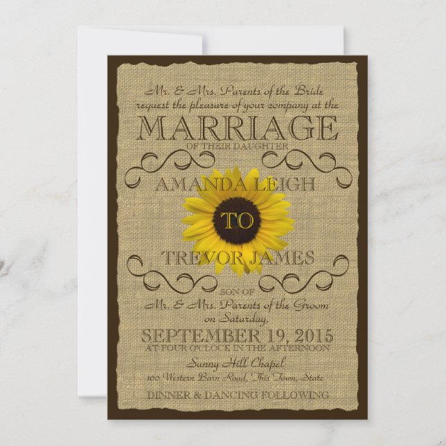 Convite Casamento de Sunflower e Burlap Rustic Country (Frente)