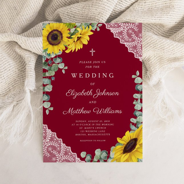 Convite Casamento de Sunflower, Lace, cruz religiosa (Religious Cross Burgundy Lace Sunflower Wedding Invitation)