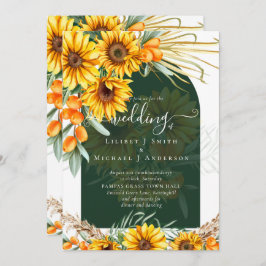 Convite Casamento de Sunflower Pampas Grass Emerald Green 