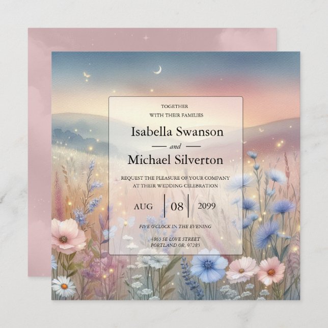 Convite Casamento de sussurros de flor selvagem lunar (Frente/Verso)
