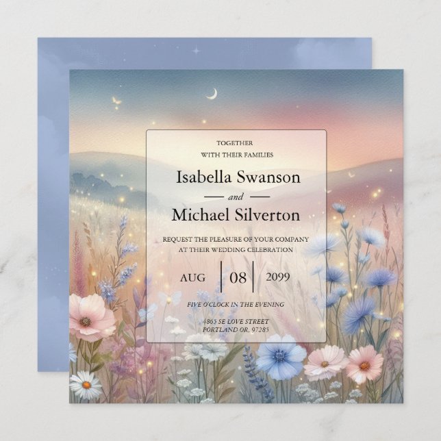 Convite Casamento de sussurros de flor selvagem lunar (Frente/Verso)