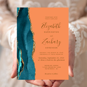 Convite Casamento de Tangerine, Dourado Agate Teal Moderno