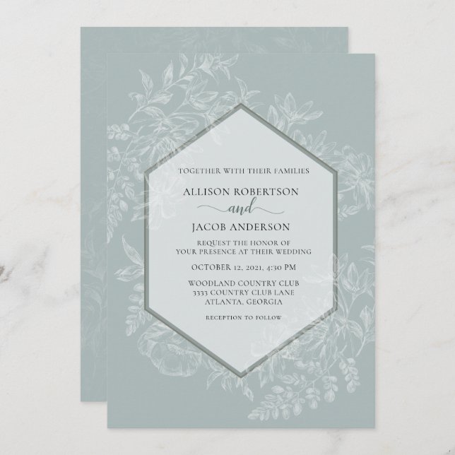 Convite Casamento de Tapeçaria Floral Geométrica Verde Sua (Frente/Verso)