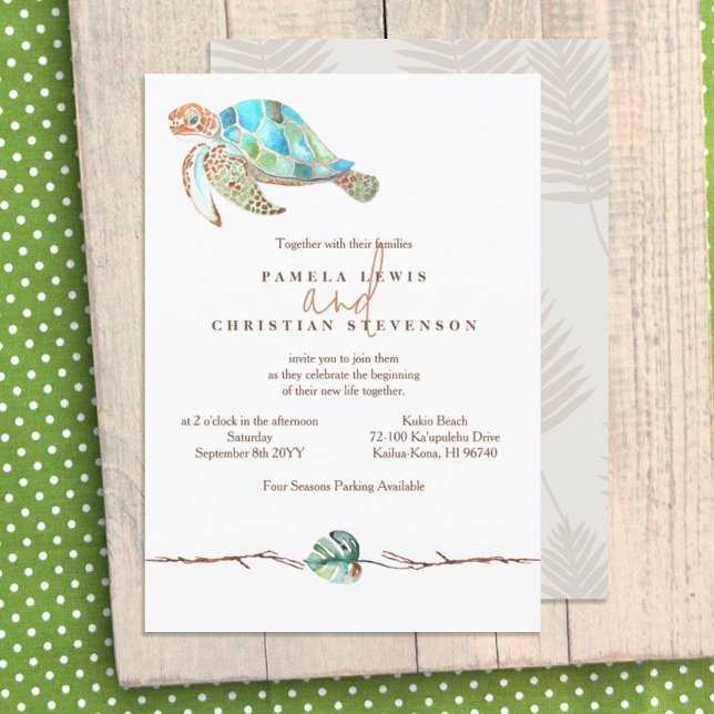 Convite Casamento de Tartaruga e Folha de Monstera (turquoise green brown sea turtle monstera leaf rustic tropical colors wedding invitation)