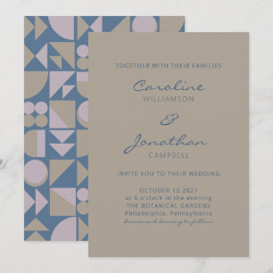 Convite Casamento de Taupe Azul Elegante Moderno e Geomét
