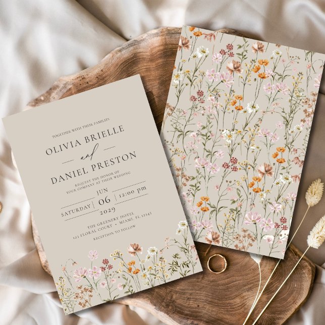Convite Casamento de Taupe Beige Boho Wildflower (Criador carregado)