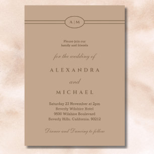 Convite Casamento de Taupe Mínimo do Monograma Elegante