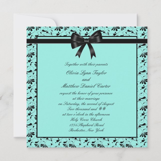 Convite Casamento de Teal Blue Black Swirl Black Teal (Frente)