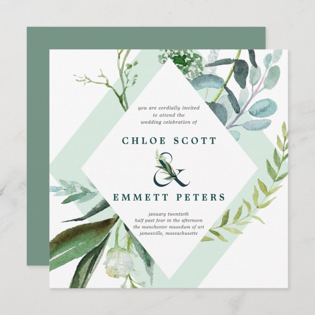 Convite Casamento de Teal Blue e Green Botanical Square (Frente/Verso)