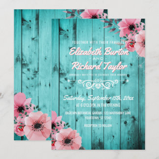 Convite Casamento de Teal Boho Rosa Rosa De Madeira Rosa D