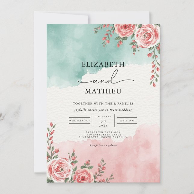 Convite Casamento de Teal Coral Floral Arch (Frente)