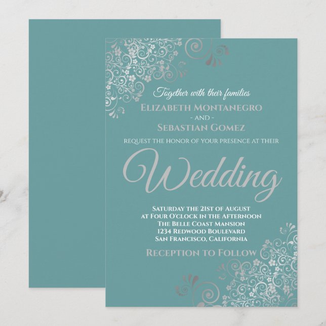Convite Casamento de Teal de Prata Elegante (Frente/Verso)