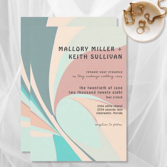 Convite Casamento de Teal e Aqua de Pêssego Retro Moderno (Criador carregado)
