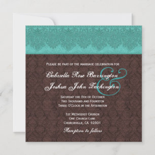 Convite Casamento de Teal e Chocolate Damask Monograma V07
