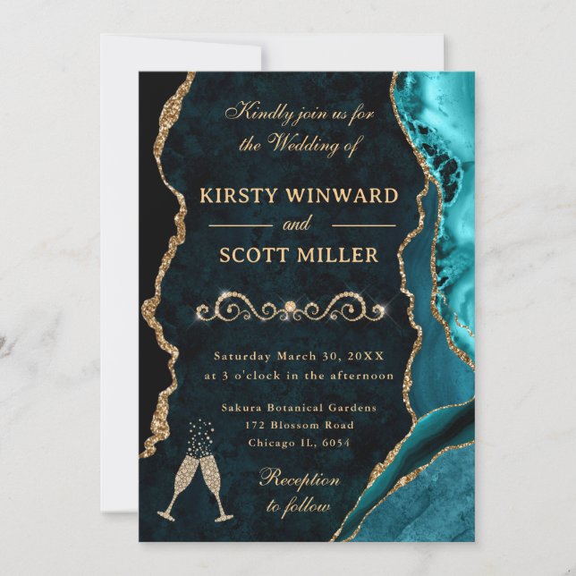 Convite Casamento de Téal e Glitter Dourado e Marble (Frente)