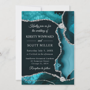 Convite Casamento de Teal e Silver Faux Glitter Agate