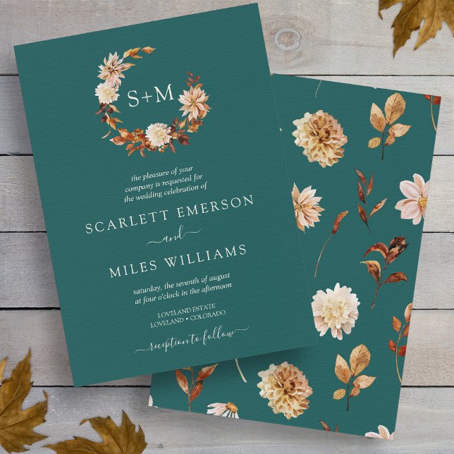 Convite Casamento de Teal Fall Terracotta Monograma Wreath (Teal Fall Terracotta Monogram Wreath Wedding Invitation by Painted Paperie
)