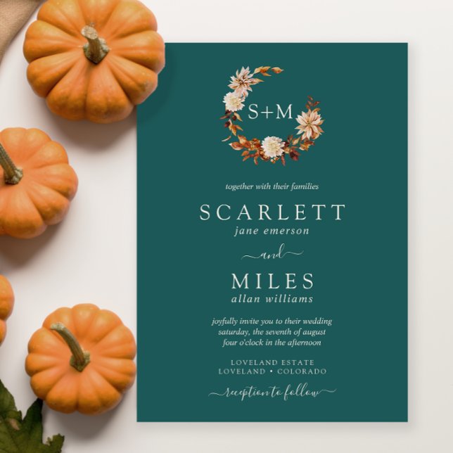 Convite Casamento de Teal Fall Terracotta Monograma Wreath (Teal Fall Terracotta Monogram Wreath Wedding Invitation by Painted Paperie
)