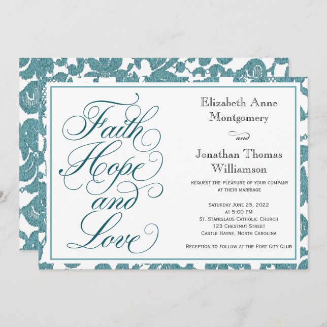 Convite Casamento de Teal Lace com Faith Hope & Love (Frente/Verso)