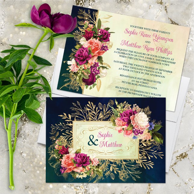Convite Casamento de Teal, Marinho, Verde e Dourado Florai (Beautiful Vintage Florals on Deep Teal and Navy Watercolors Wedding Invitation.)