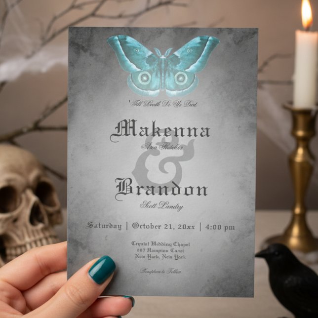 Convite Casamento de Teal Moth com Preto Gótico Escuro (Criador carregado)
