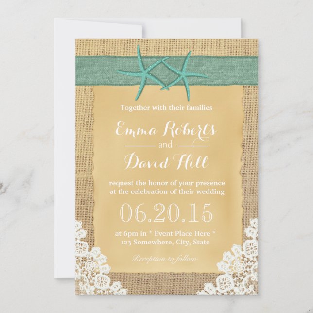 Convite Casamento de Teal Starfish Lace & Burlap (Frente)