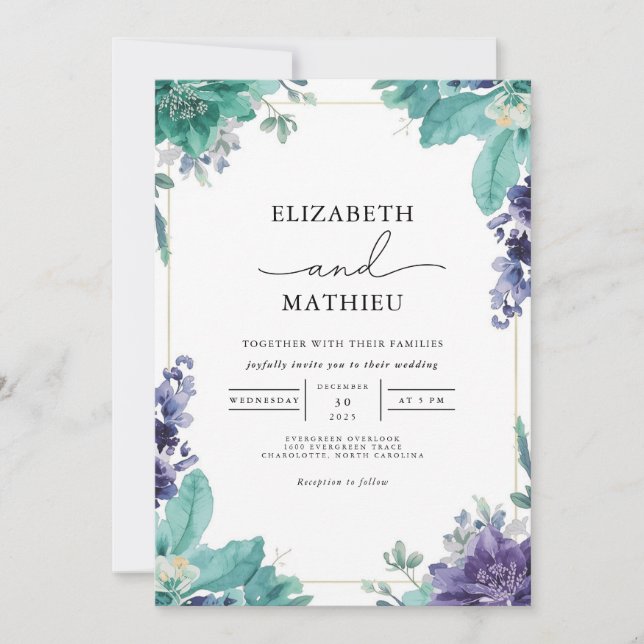 Convite Casamento de Teal & Violet Bloom Border (Frente)