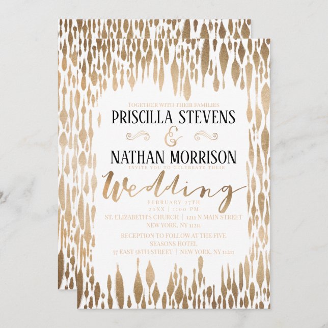 Convite Casamento de Teardrop Dourado Moderno com Brushstr (Frente/Verso)