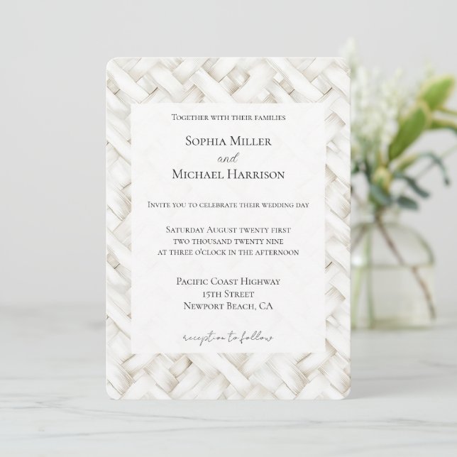 Convite Casamento de tecelagem branca e tecido (Em pé/Frente)