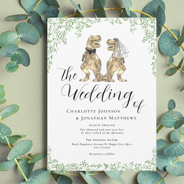 Convite Casamento de Tema Dinossauro (Dinosaur them wedding with watercolor eucalyptus foliage invitation)