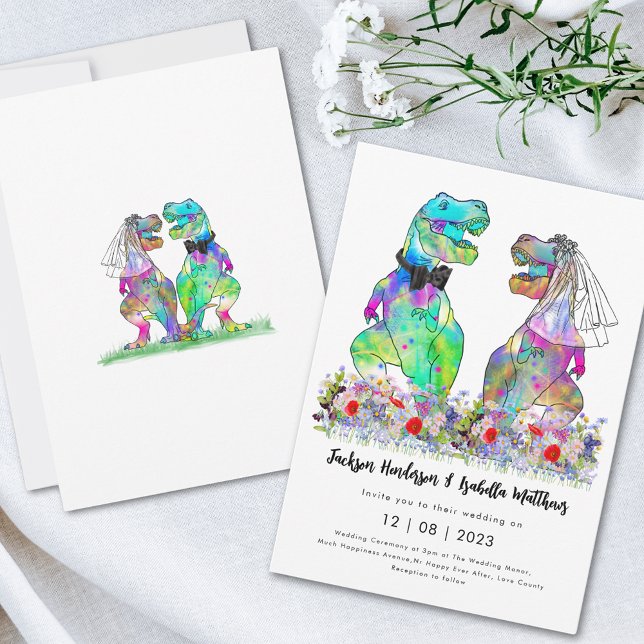 Convite Casamento de Tema Dinossauro (T-Rex bride and groom colorful wildflower meadow fun dinosaur wedding invitation )