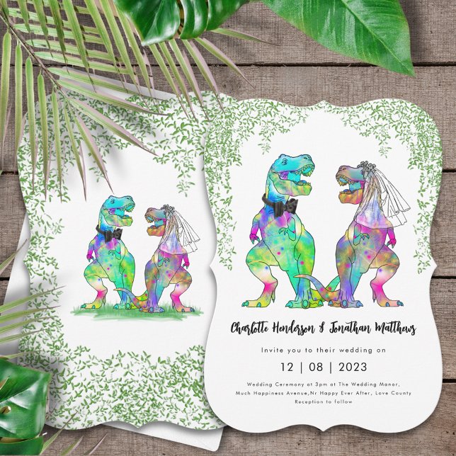 Convite Casamento de Tema Dinossauro (Colorful dinosaur wedding invitation with-Rex bride and groom Jurassic jungle prehistoric foliage )