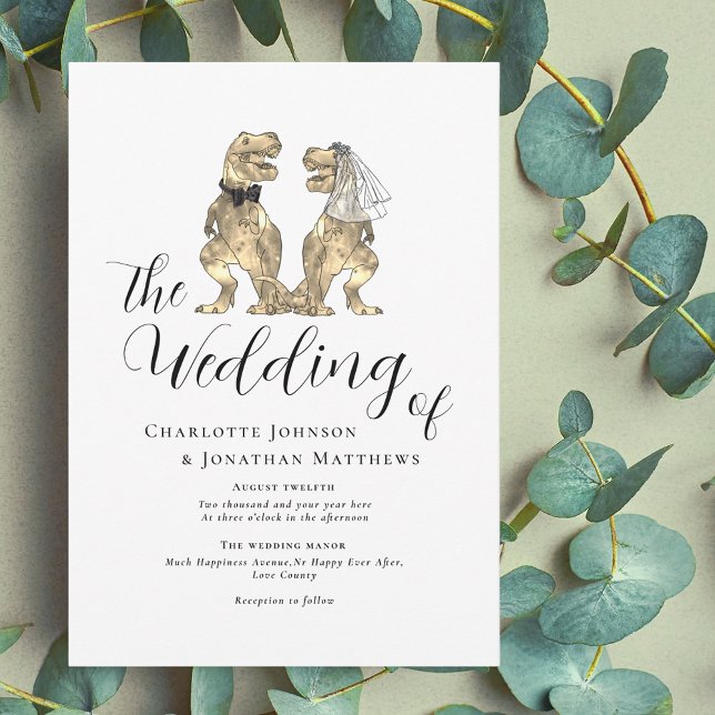 Convite Casamento de Tema Dinossauro (Dinosaur wedding elegant modern script invitation funny T-Rex dino bride and groom)
