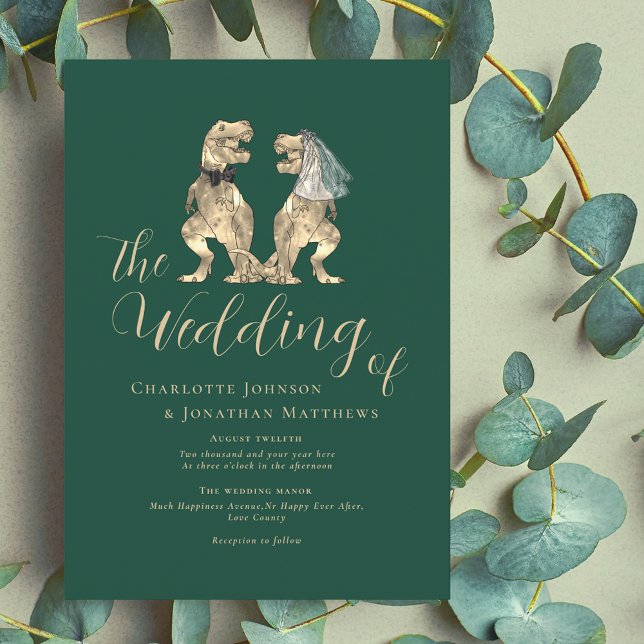 Convite Casamento de Tema Dinossauro (Dinosaur wedding dark green invitation Fun T-Rex din bride and groom elegant modern script )