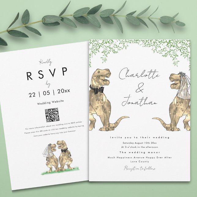 Convite Casamento de Tema Dinossauro (Boho botanical dinosaur wedding invitation with qr code)