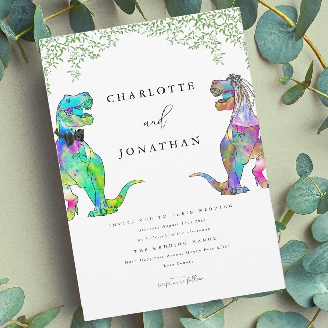 Convite Casamento de Tema do Dinossauro Colorido (Colorful Dinosaur theme wedding invitation with eucalyptus foliage)