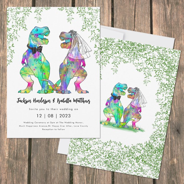 Convite Casamento de Tema do Dinossauro Colorido (Funny colorful dinosaur themed wedding fun T-Rex bride & groom artwork by artist Catherine Sweetman )