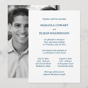 Convite Casamento de Templo Azul/Branco Mínimo Duas Recepç