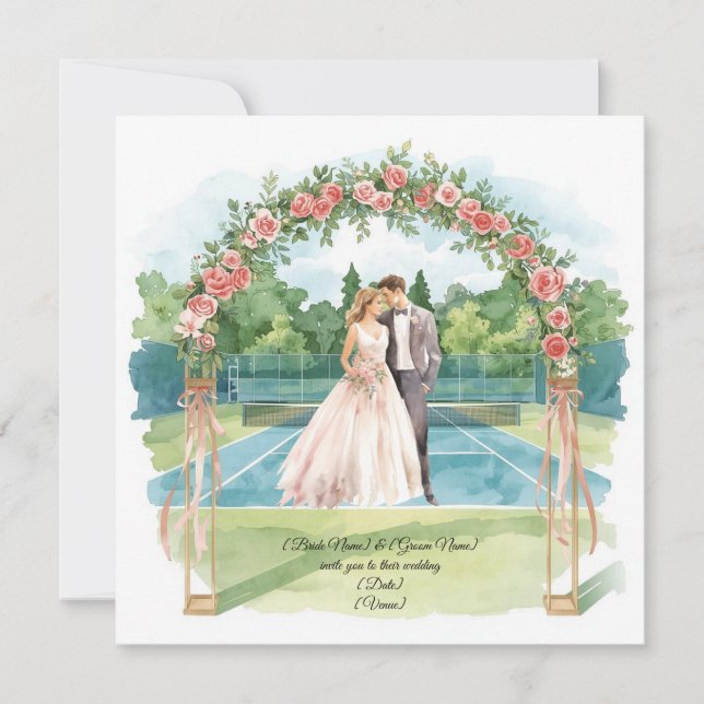 Convite Casamento de Tênis com Noiva e Noivo na quadra (Frente)