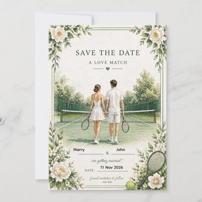Convite Casamento de Tênis Save the Date Elegante Quadra I (Frente)